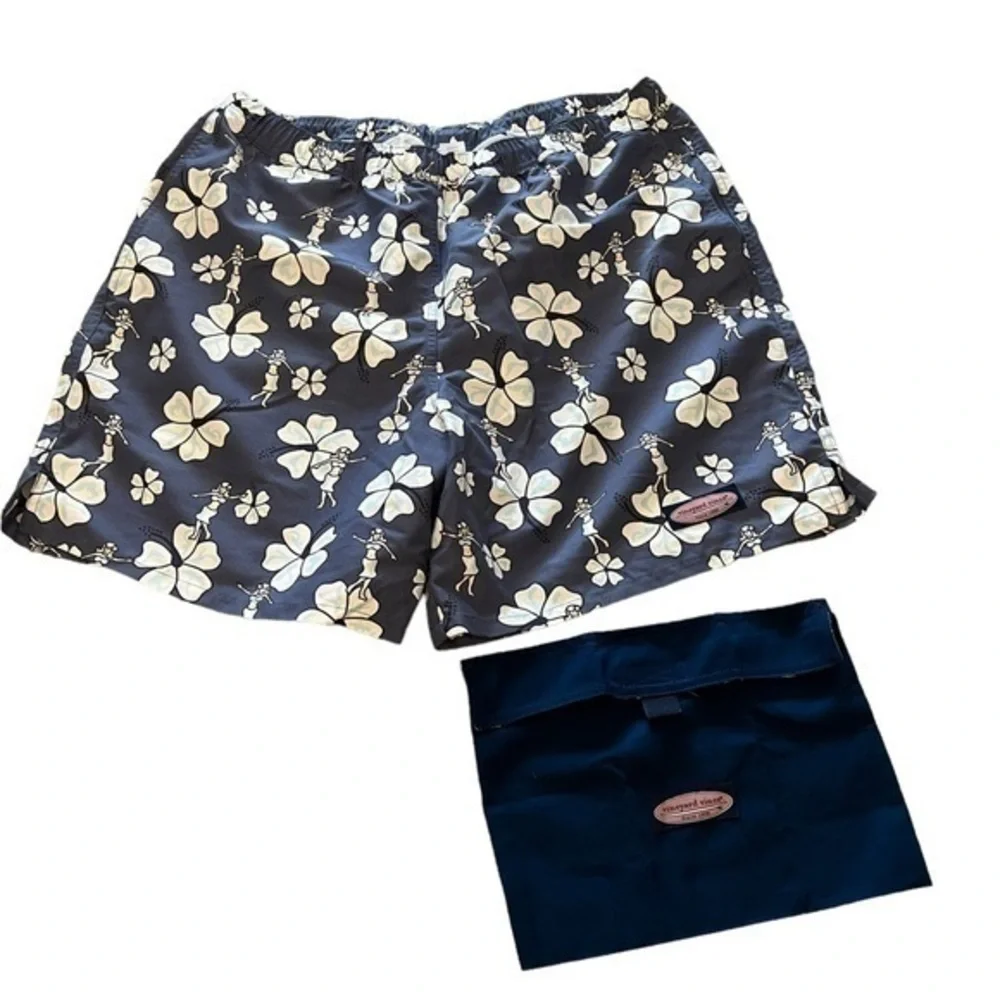 NWOT Vineyard Vines blue Hawaii Hulu floral swim trunks w/ storage pouch
